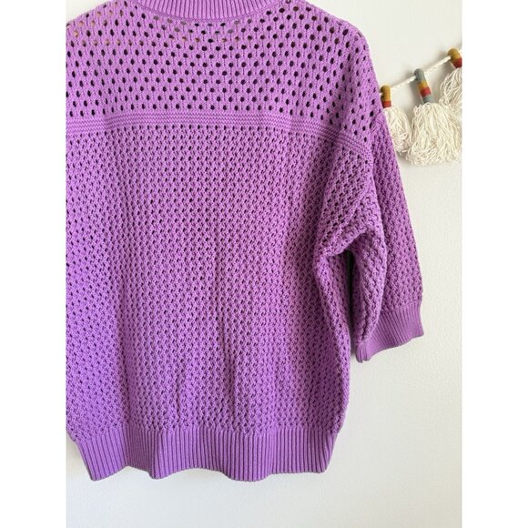 J. Crew Elbow Sleeve Crocheted Shoulder Buttons Pointelle Purple Boho Beachy L - Picture 7 of 9